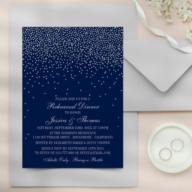 Navy Blue & Glam Silver Confetti Wedding Probe Einladung (Von Creator hochgeladen)