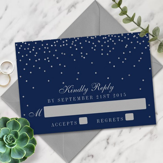 Navy Blue & Glam Silver Confetti Wedding RSVP Karte (Von Creator hochgeladen)