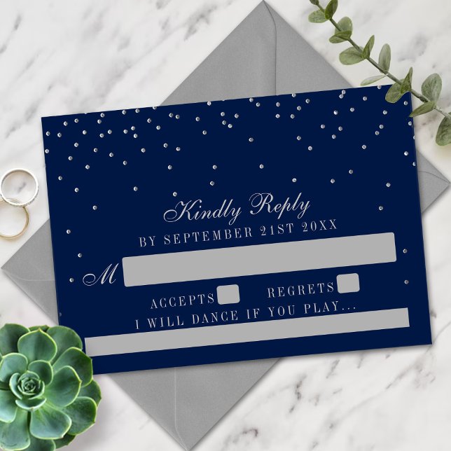 Navy Blue & Glam Silver Confetti Wedding RSVP Karte (Von Creator hochgeladen)