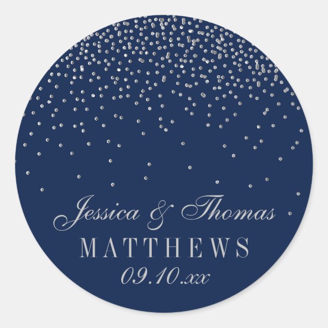 Navy Blue & Glam Silver Confetti Wedding Runder Aufkleber (Vorderseite)