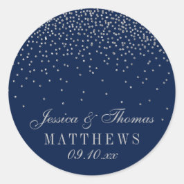 Navy Blue & Glam Silver Confetti Wedding Runder Aufkleber