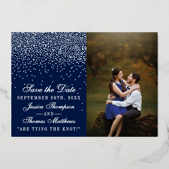Navy Blue & Glam Silver Wedding speichern Sie das  Folieneinladung (Vorderseite)