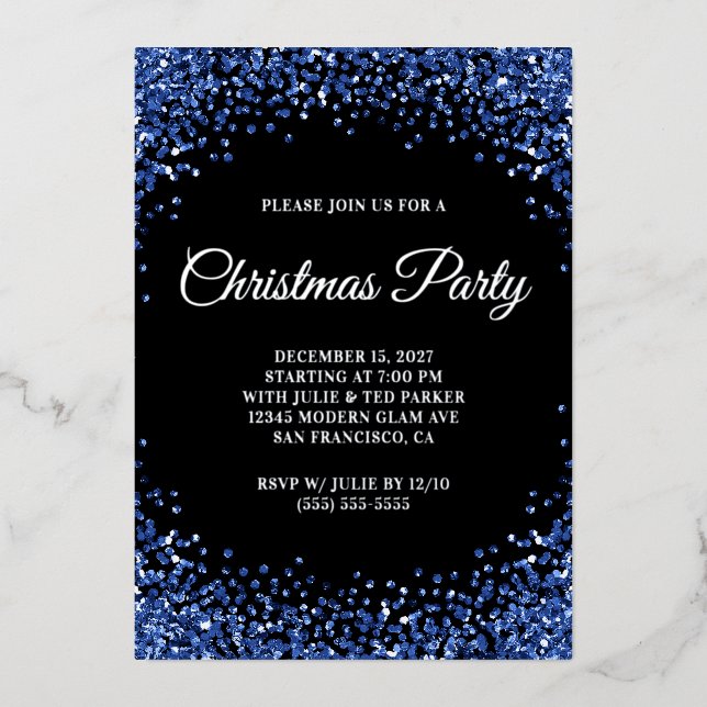 Navy Blue Glitter Border Black Christmas Party Folieneinladung (Vorderseite)