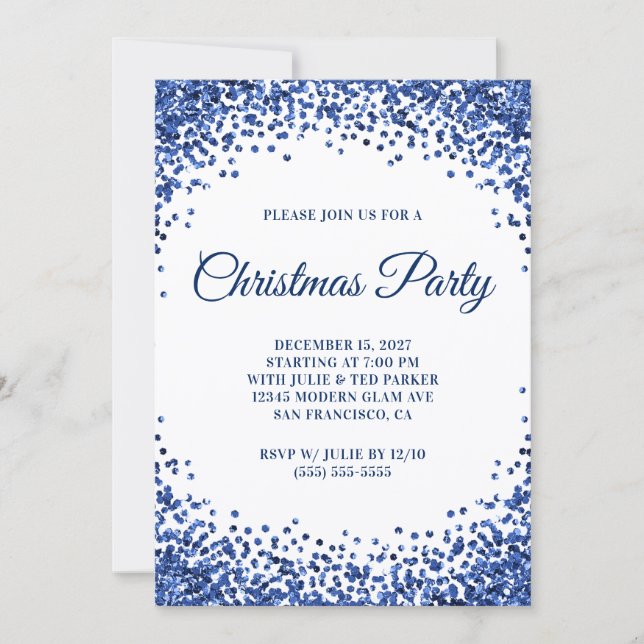 Navy Blue Glitter Border White Christmas Party Einladung (Vorderseite)