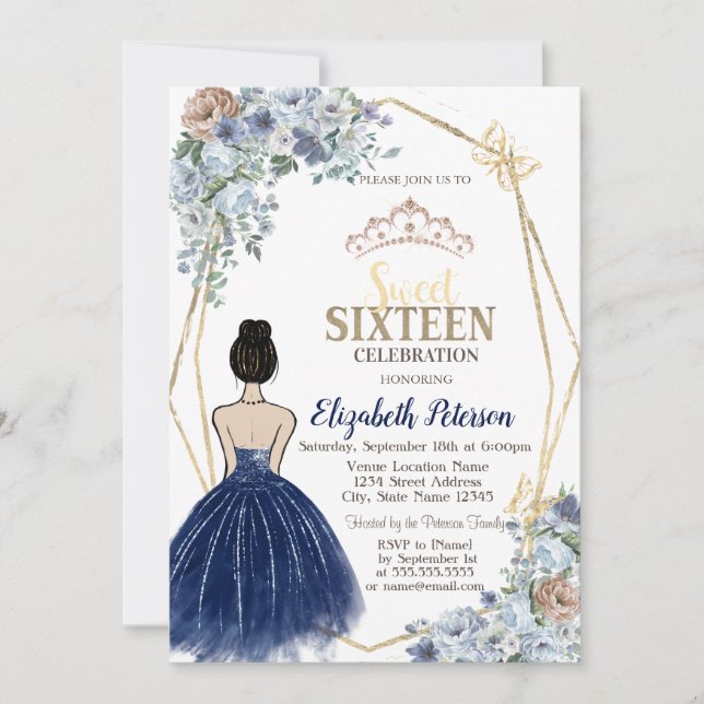 Navy Blue Glitter Dress, Blue Flowers Sweet 16 Einladung (Vorderseite)