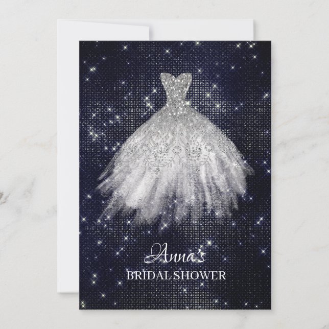 *~* Navy Blue Glitzer Bridal Dress Gown Dusche Einladung (Vorderseite)