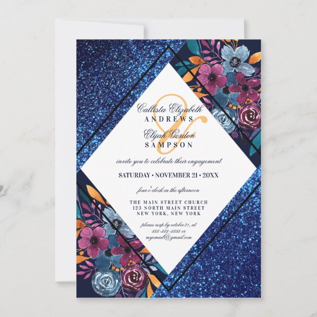 Navy Blue Glitzer Floral Watercolor Verlobung Einladung (Vorderseite)