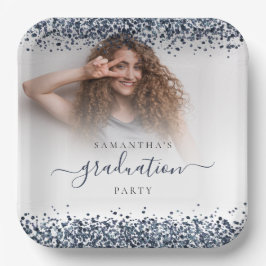 Navy Blue Glitzer Foto Name Abschluss 2024 Party Pappteller