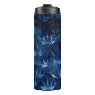 Navy Blue Glitzer Mermaid Crown Pattern Thermosbecher