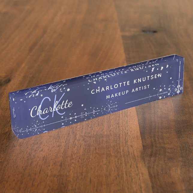 Navy Blue Glitzer Monogram Namensplakette (Seite)