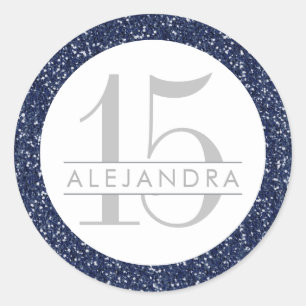 Navy Blue Glitzer Quince Años Gefallen Stickerei Runder Aufkleber