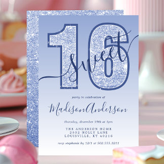 Navy Blue Glitzer Script Sweet 16 Birthday Party Einladung