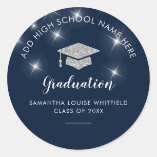 Navy Blue Glitzer Silver Abschluss School Grad Runder Aufkleber