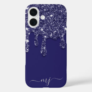 Navy Blue Glitzer Tropfen Custom Monogram iPhone 16 Hülle