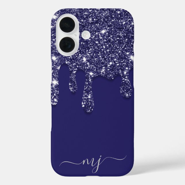 Navy Blue Glitzer Tropfen Custom Monogram iPhone 16 Hülle (Rückseite)