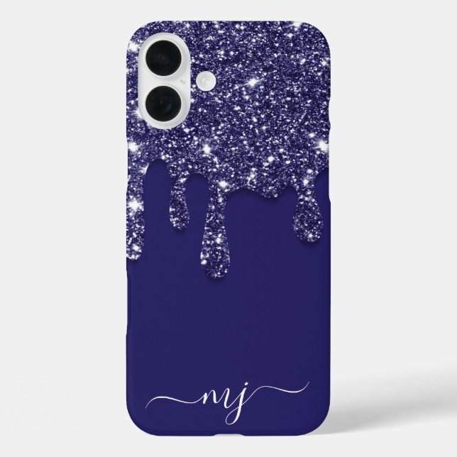 Navy Blue Glitzer Tropfen Custom Monogram iPhone 16 Plus Hülle (Rückseite)