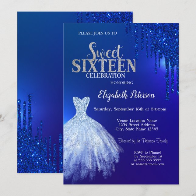 Navy Blue Glitzer Tropfen, Dress Blue Sweet 16 Einladung (Vorne/Hinten)