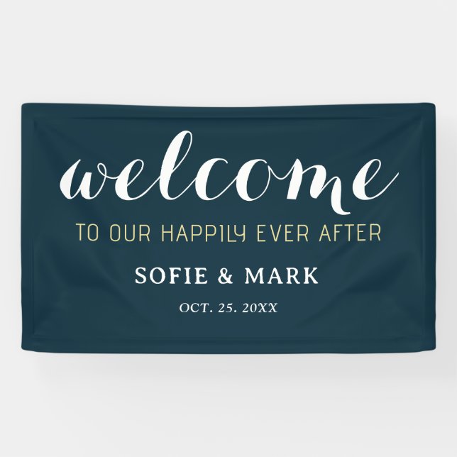 Navy Blue glücklich je nach Hochzeit Willkommen Banner (Horizontal)
