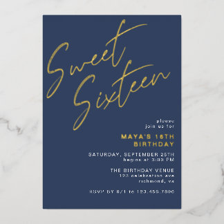 Navy Blue & Gold 16 . Geburtstag Cool 16. Geburtst Folieneinladung