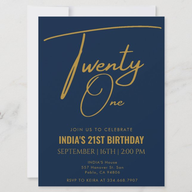 Navy Blue & Gold 21. Geburtstag Einladung (Vorderseite)
