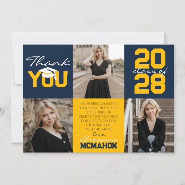 Navy Blue & Gold 3 Foto Abschluss Vielen Dank Einladung (Vorderseite)