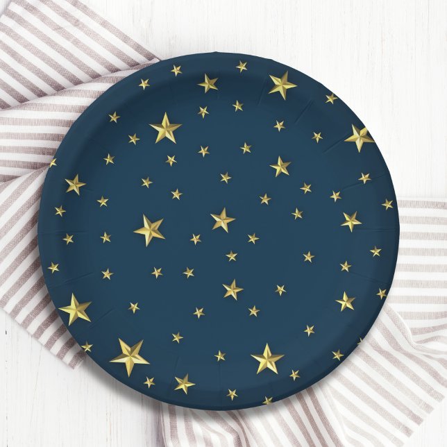 Navy Blue Gold 3D Stars Militärischer Stil Pappteller (Von Creator hochgeladen)