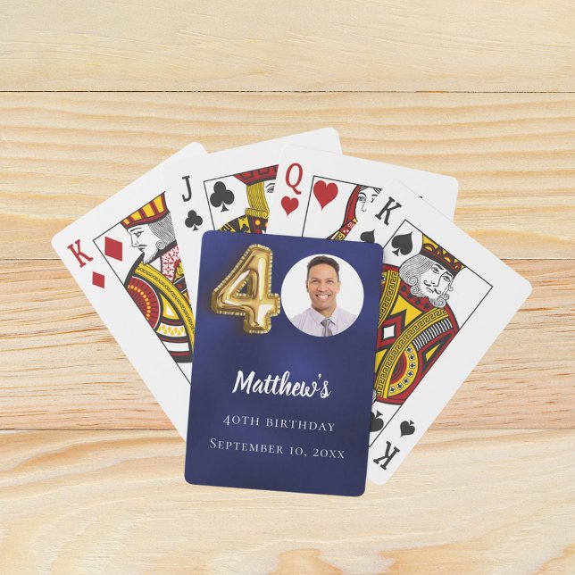 Navy blue gold 40th photo birthday party spielkarten (Von Creator hochgeladen)