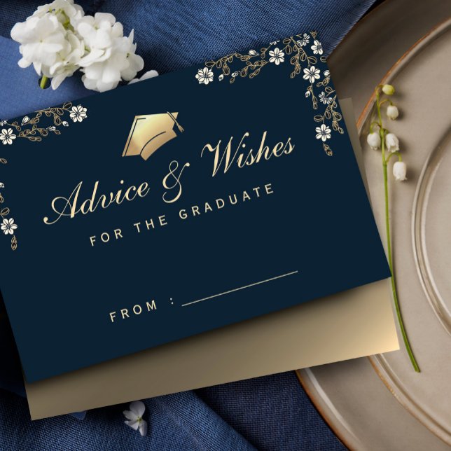 Navy Blue Gold Abschluss Advisor Card Dankeskarte (Elegant navy blue and gold graduation advice enclosure cards, floral Frame Luxury Graduation #advice)