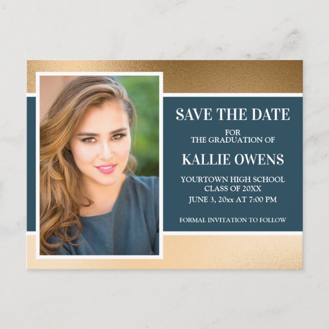 Navy Blue Gold Abschluss Save the Date Ankündigungspostkarte (Vorderseite)