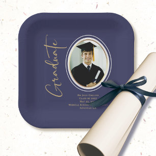 Navy Blue Gold Abschluss Script Minimales Foto Pappteller