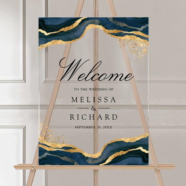 Navy Blue Gold Abstract Ink Wedding Welcome Acrylschild (Von Creator hochgeladen)