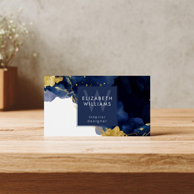 Navy Blue Gold Abstract Monogram Business Card (Créateur téléchargé)