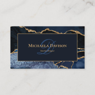 Navy Blue Gold Achat Monogramm Elegant Visitenkarte