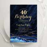 Navy Blue Gold Agate 40. Geburtstag Einladung<br><div class="desc">Marineblau und Goldmedaille gehen 40. Party Einladung. Elegantes modernes Design mit königsblauen Aquarellfarben,  marmorgeode Hintergrund,  Imitate Glitzer Gold und Typografie Drehbuch Schriftart. Die trendige Einladungskarte eignet sich perfekt für eine stilvolle Damenfeier. Gedruckte Zazzle Einladungen oder Sofortdownload digitalen druckbaren Vorlage.</div>