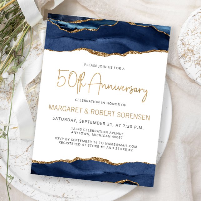 Navy Blue Gold Agate 50th Anniversary Invitation (Créateur téléchargé)