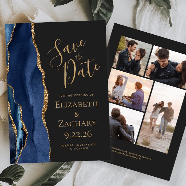 Navy Blue Gold Agate 5-Foto Dunkel Save The Date (Von Creator hochgeladen)