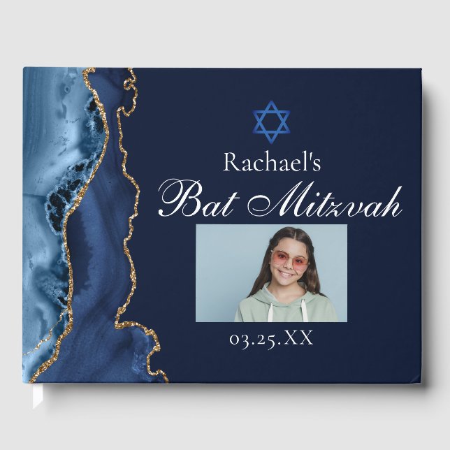 Navy Blue Gold Agate Bar Mitzvah Party Foto Gästebuch (Vorderseite)