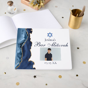 Navy Blue Gold Agate Bar Mitzvah Party Foto Gästebuch