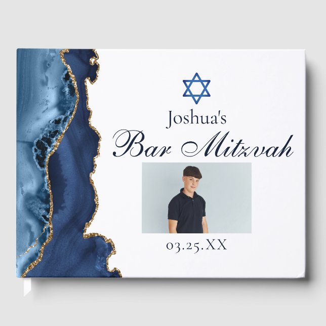 Navy Blue Gold Agate Bar Mitzvah Party Foto Gästebuch (Vorderseite)