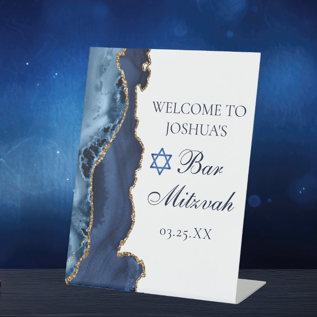 Navy Blue Gold Agate Bar Mitzvah Party Willkommen Sockelschild (Von Creator hochgeladen)