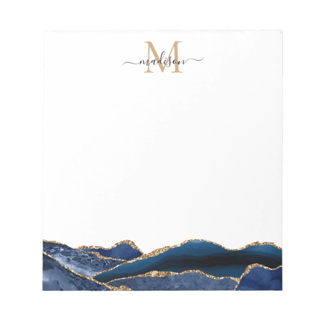 Navy Blue Gold Agate Geode Girl Script Monogram Notizblock (Vorderseite)