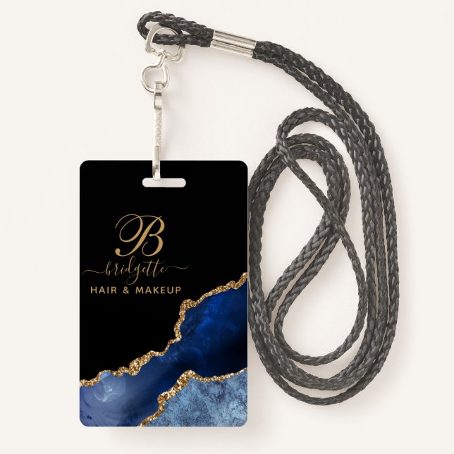 Navy Blue Gold Agate Geode Makeup Artist Monogram Ausweis (Rückseite mit Schlüsselband)