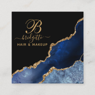 Navy Blue Gold Agate Geode Makeup Artist Monogram Quadratische Visitenkarte
