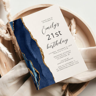 Navy Blue Gold Agate Script 21. Geburtstag Einladung