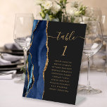 Navy Blue Gold Agate Script Dark Wedding Table Sockelschild<br><div class="desc">The left-hand edge of this elegant modern wedding table number pedestal features a navy blue watercolor agate border trimmed with faux gold glitter. The word "table" appears in whimsical gold-colored script on a slate black background. Add the names of your guests who are assigned to each table.</div>