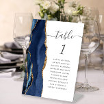 Navy Blue Gold Agate Script Hochzeitsschrift Tisch Sockelschild<br><div class="desc">Die links Seite dieses eleganten,  modernen Hochzeitsgeschosses besticht durch eine marineblau-blaue Aquarellgrenze,  die mit Imitaten mit goldenem Glitzer bestickt wurde. Das Wort "Tabelle" erscheint in einem weißen Hintergrund in einem grau-weißem Holzkohle-Skript. Fügen Sie die Namen Ihrer Gäste hinzu,  die jeder Tabelle zugeordnet sind.</div>