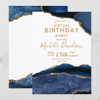 Navy Blue & Gold Agate Virtual Birthday Einladung