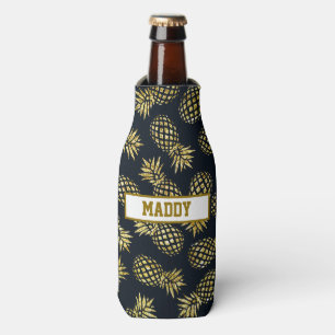 Navy Blue Gold Ananas Muster Monogram Flaschenkühler