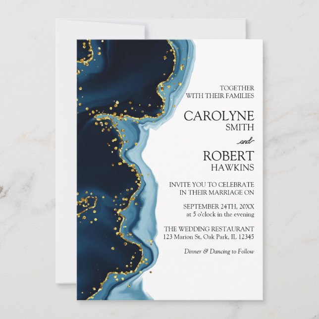 Navy Blue Gold Aquarellfarbe in einer Hochzeit Einladung (Vorderseite)