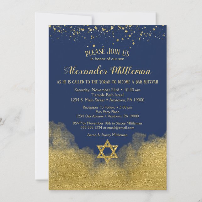 Navy Blue Gold Bar Mitzvah Einladung (Vorderseite)